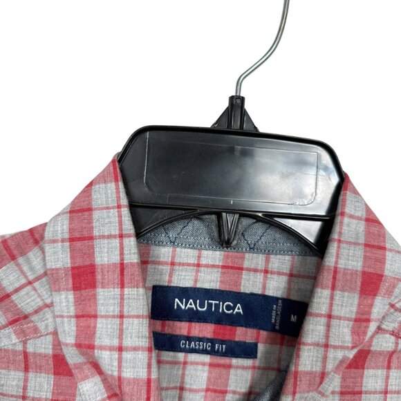 Nautica Button Down Shirt Mens Medium Red Gray Plaid Classic Fit Embroidered - Picture 3 of 9